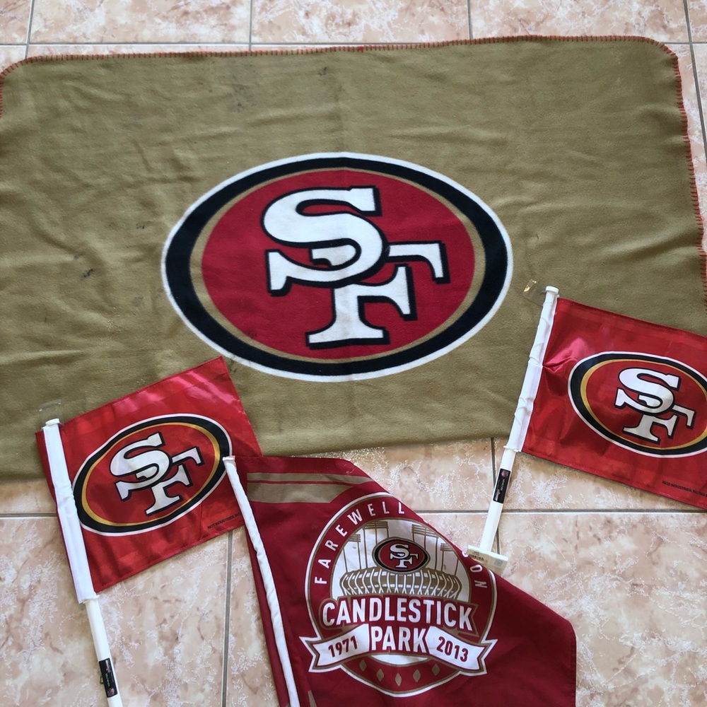 ❤️San Francisco 49ers 2 car flags candle stick farewell flag fleece blanket 🏈❤️